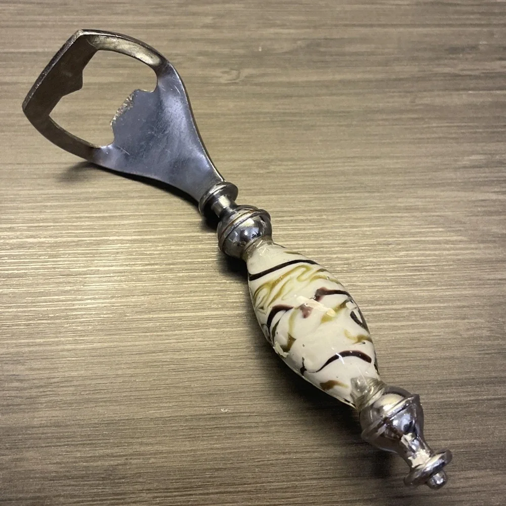 Bottle Opener With White Glass Handle Purple‎ And Gold Swirls